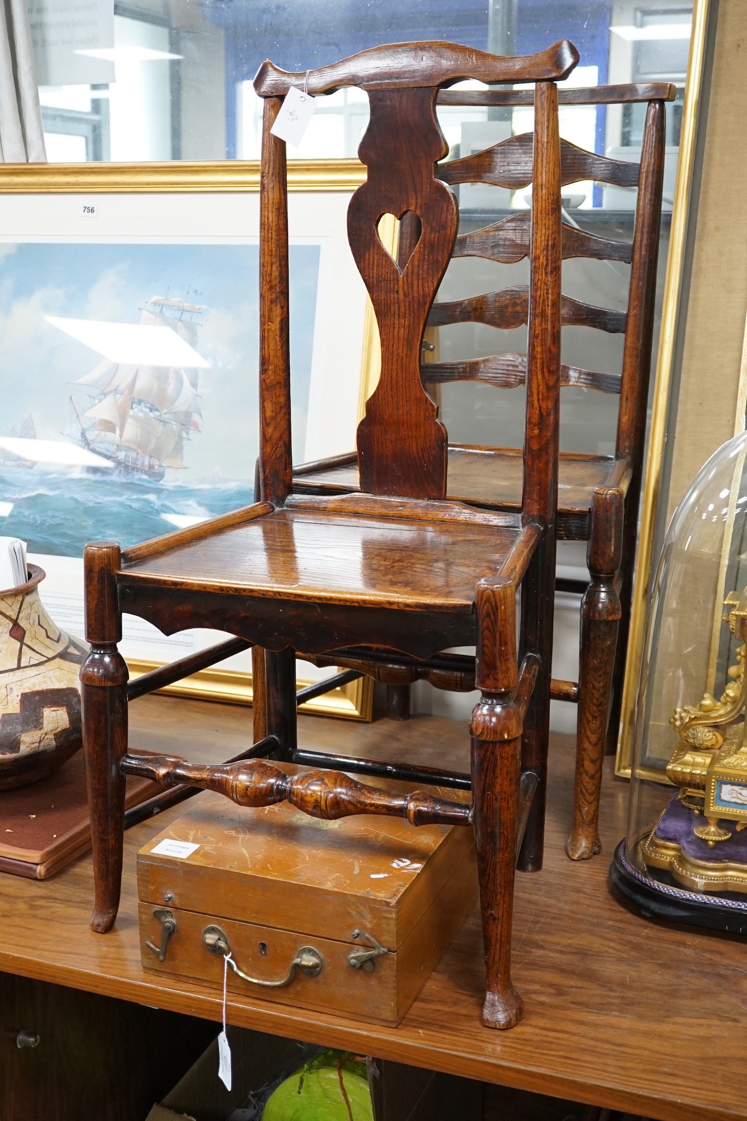 Two early 18th century oak cottage dining chairs *Please note the sale commences at 9am.